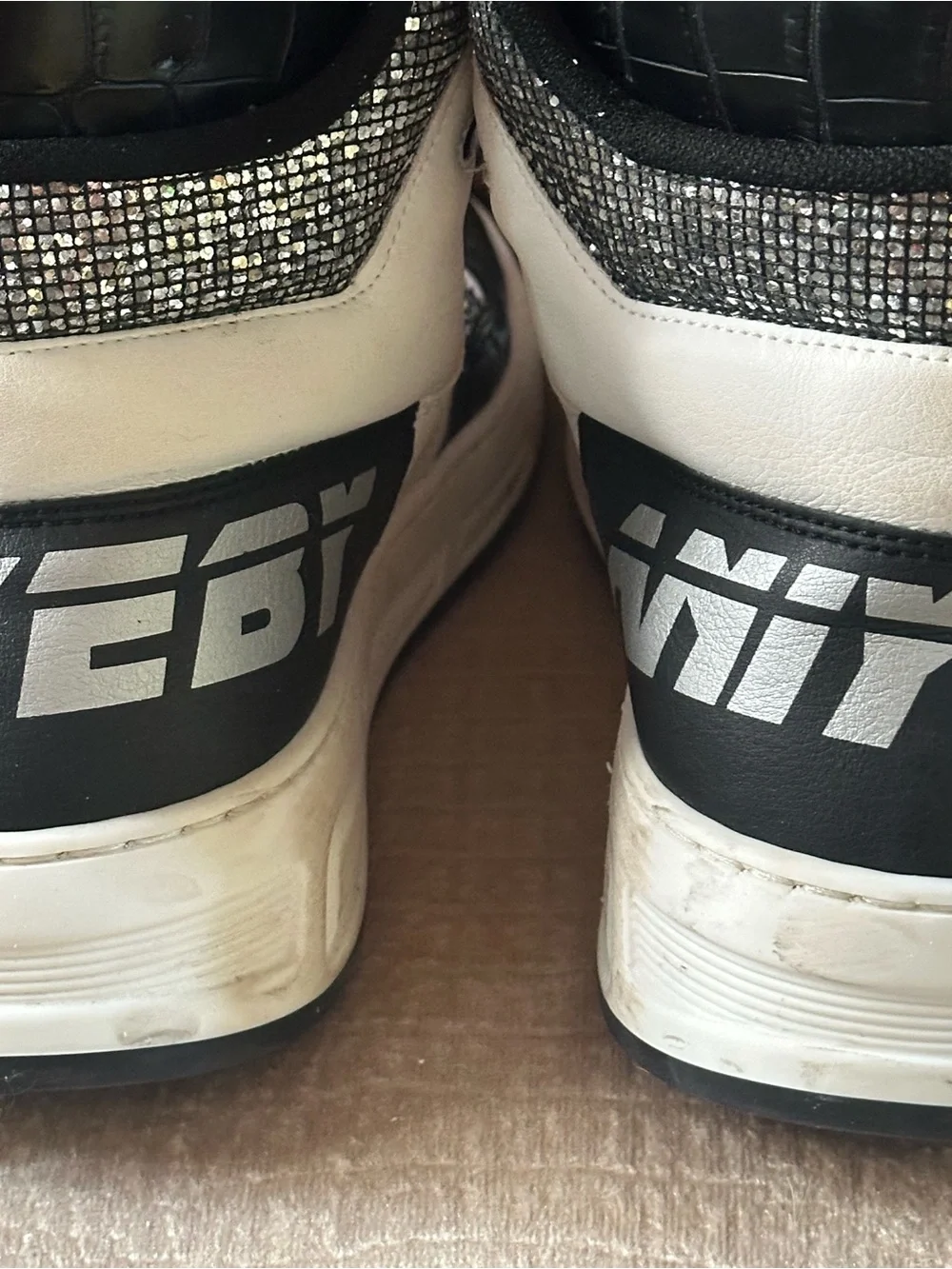 Aniyeby Baket White and Black Silver Sparkle High-Top Sneakers